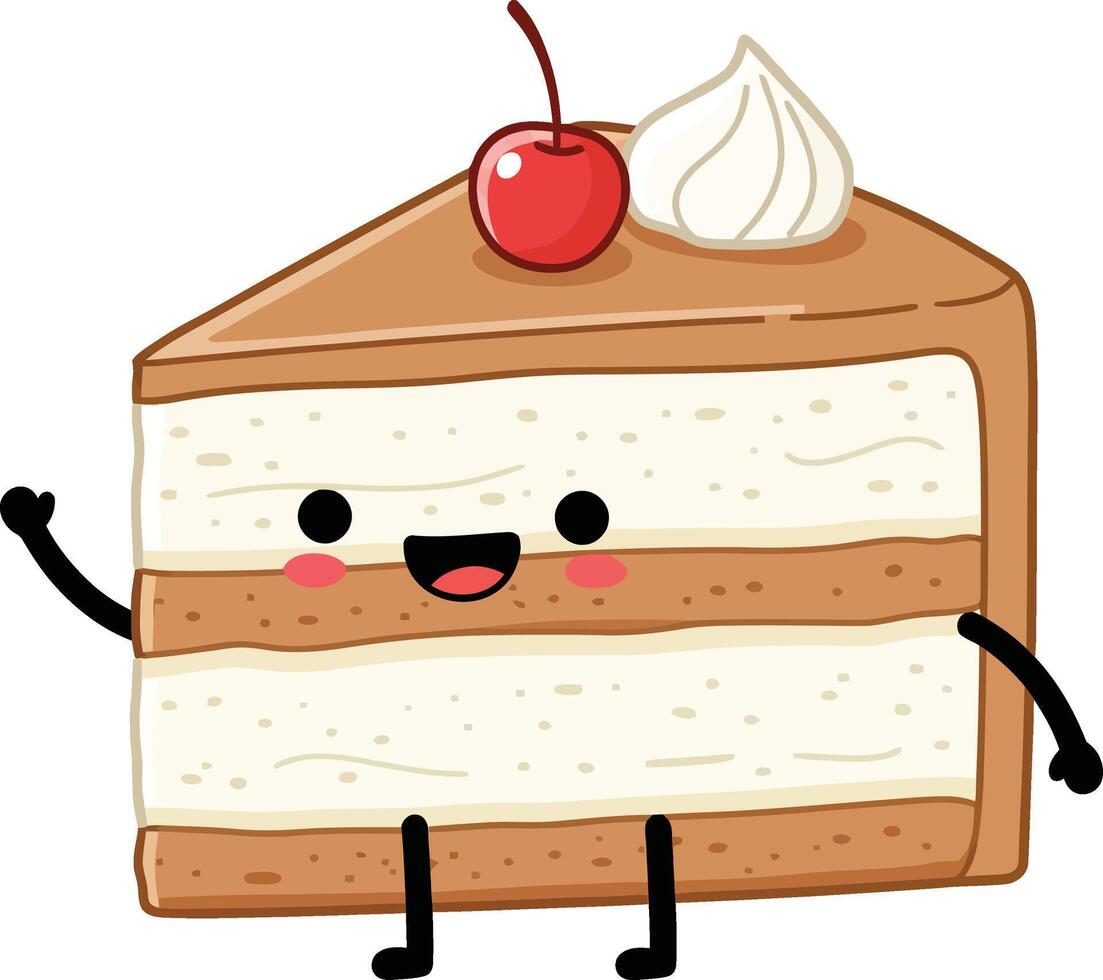 Cute slice of layered cake with cherry and whipped cream cartoon illustration vector