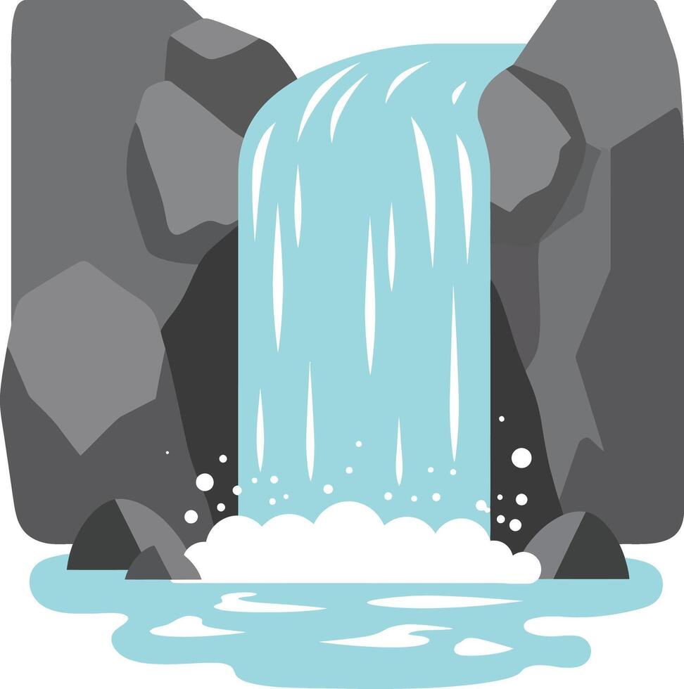 Waterfall with flowing blue water surrounded by gray rocks in natural landscape illustration vector