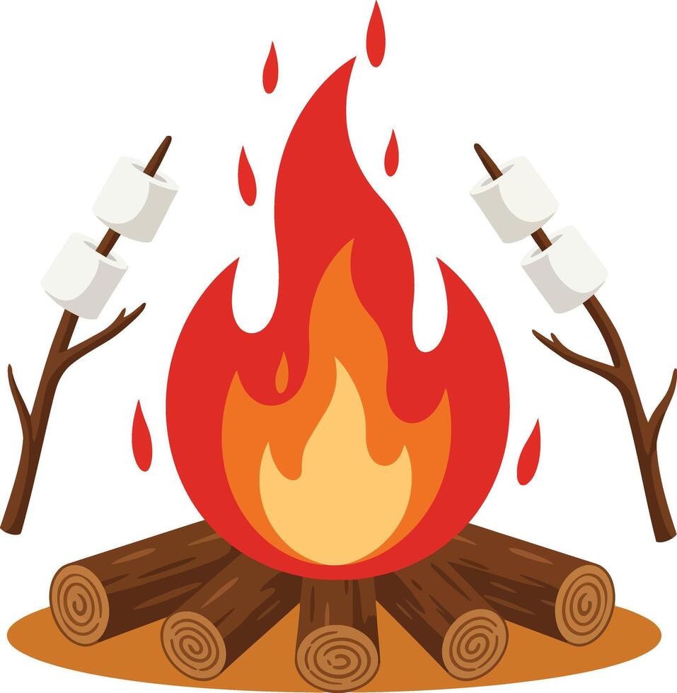 Campfire with marshmallows roasting sticks and burning wood logs illustration of outdoor cooking scene vector