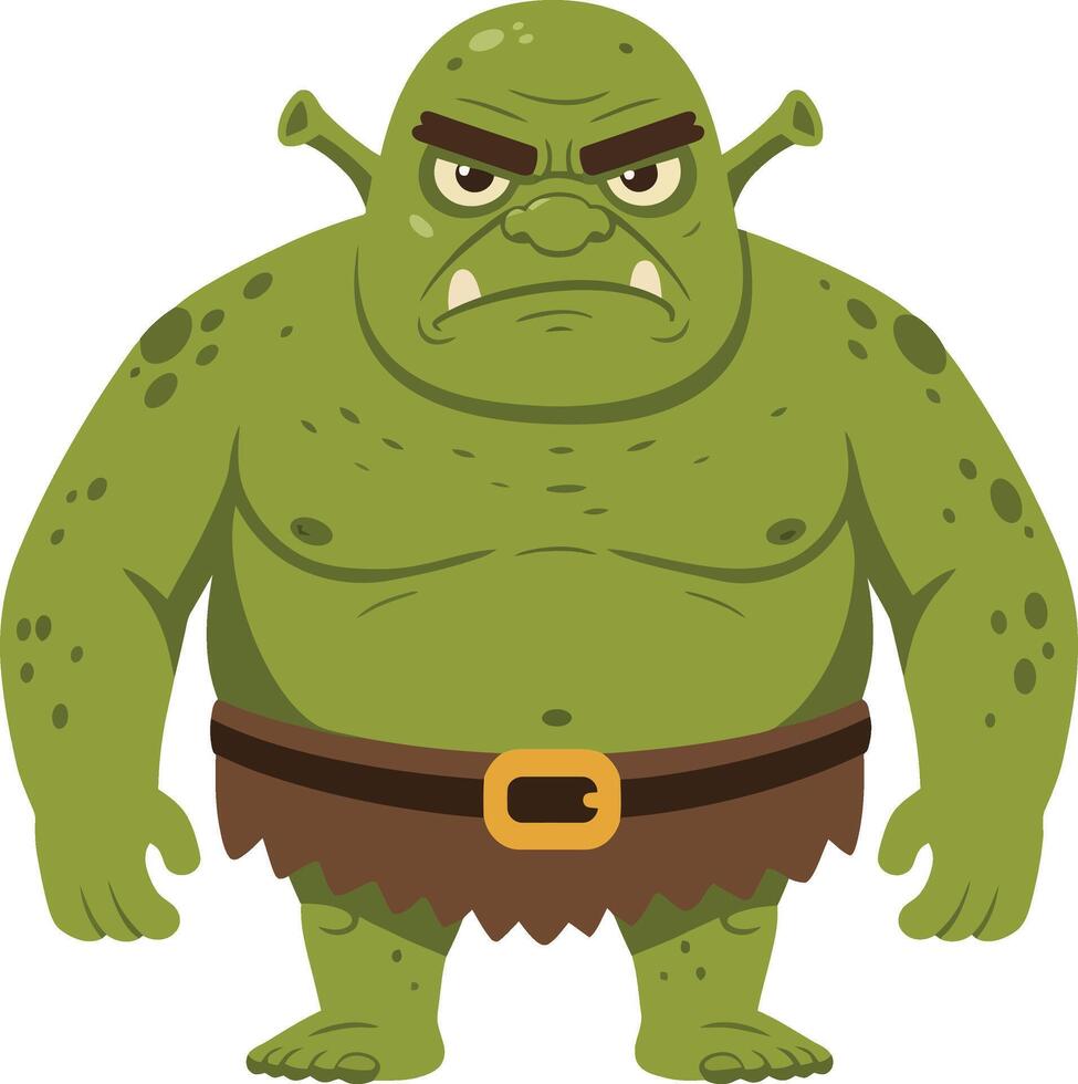 Green cartoon ogre character with angry expression and brown belt illustration vector