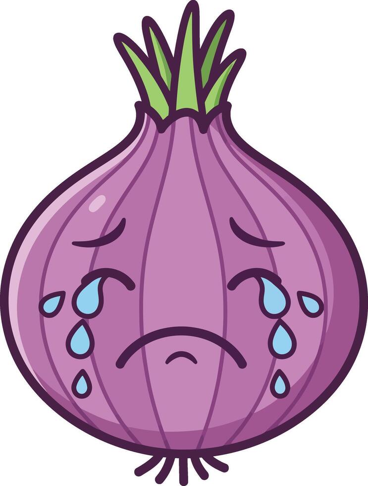 Sad purple onion cartoon character crying with tears expressive face illustration vector