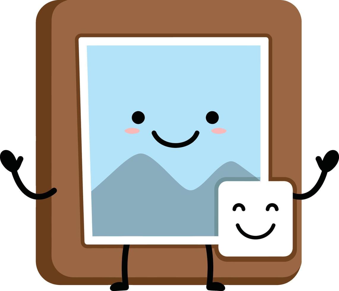 Friendly cartoon photo frame and picture smiling with arms and legs illustration in brown and blue colors vector