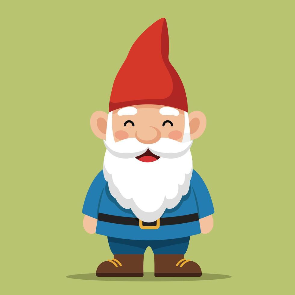 Cartoon garden gnome with red hat blue outfit and white beard on green background illustration vector