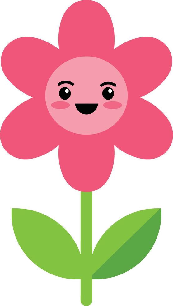 Pink happy flower with green leaves cute smiling face illustration for children and decoration vector