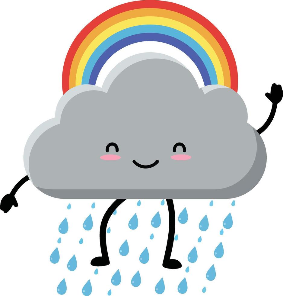 Cute smiling rain cloud with colorful rainbow and raindrops illustration for weather and nature themes vector