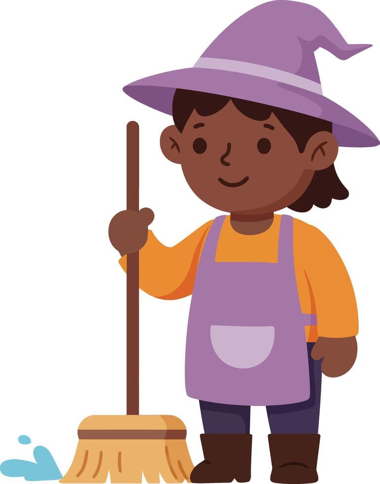Child Wearing Witch Costume Sweeping Floor with Broom Illustration for Halloween and Kids Playtime Activities vector