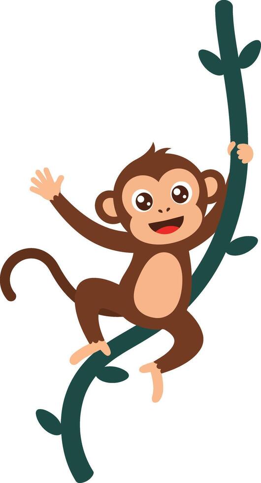 Monkey climbing green vine playful animal character illustration in cartoon style design vector