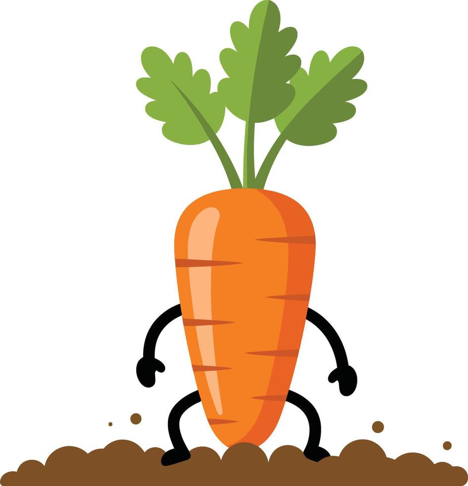 Cartoon carrot character standing on soil with green leaves and black limbs illustration vector