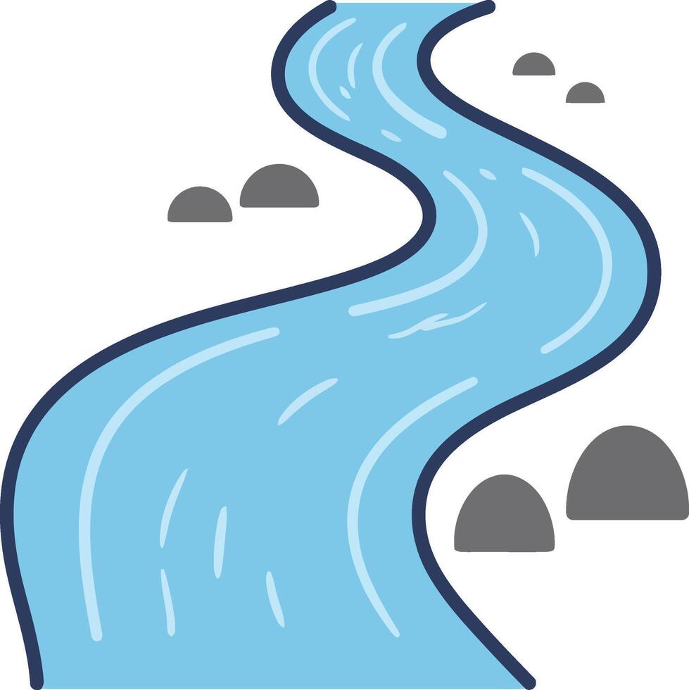 Curved blue river flowing with surrounding gray rocks simple illustration for nature and environment design vector