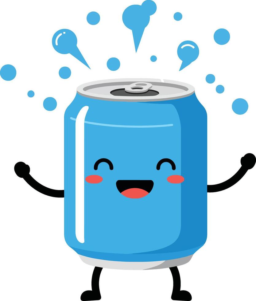Happy blue soda can cartoon character with bubbles and joyful expression illustration vector