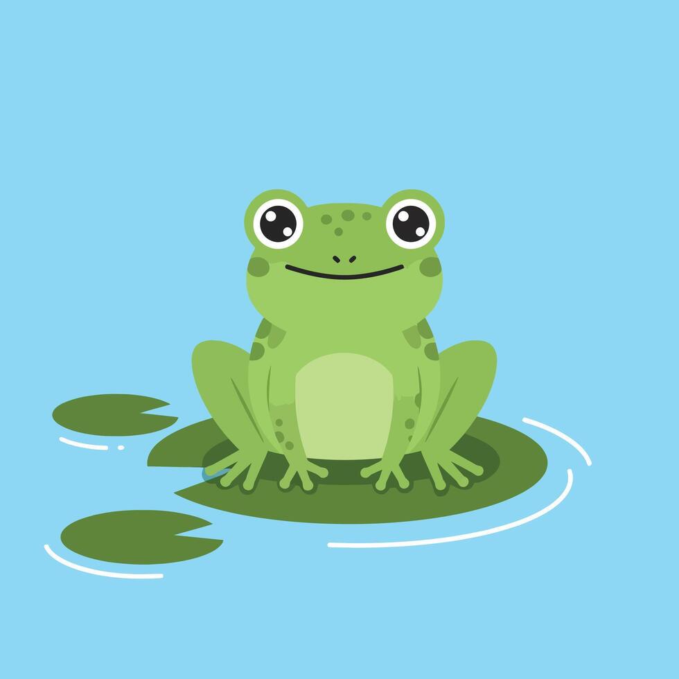 Green Frog Sitting on Lily Pad in Blue Water Cartoon Style Illustration vector