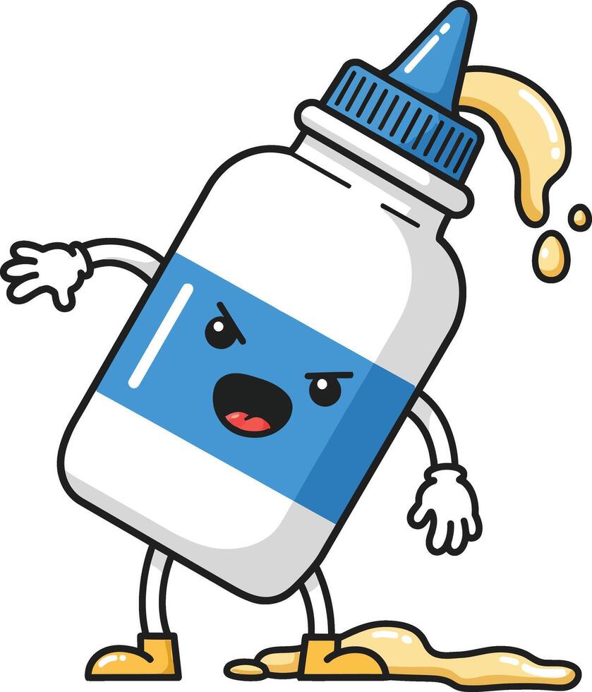 Animated glue bottle character with blue label spilling glue in playful cartoon style illustration vector