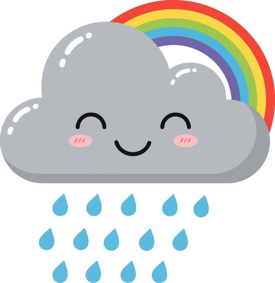 Smiling gray cloud with rain drops and colorful rainbow illustration for weather and nature concepts vector