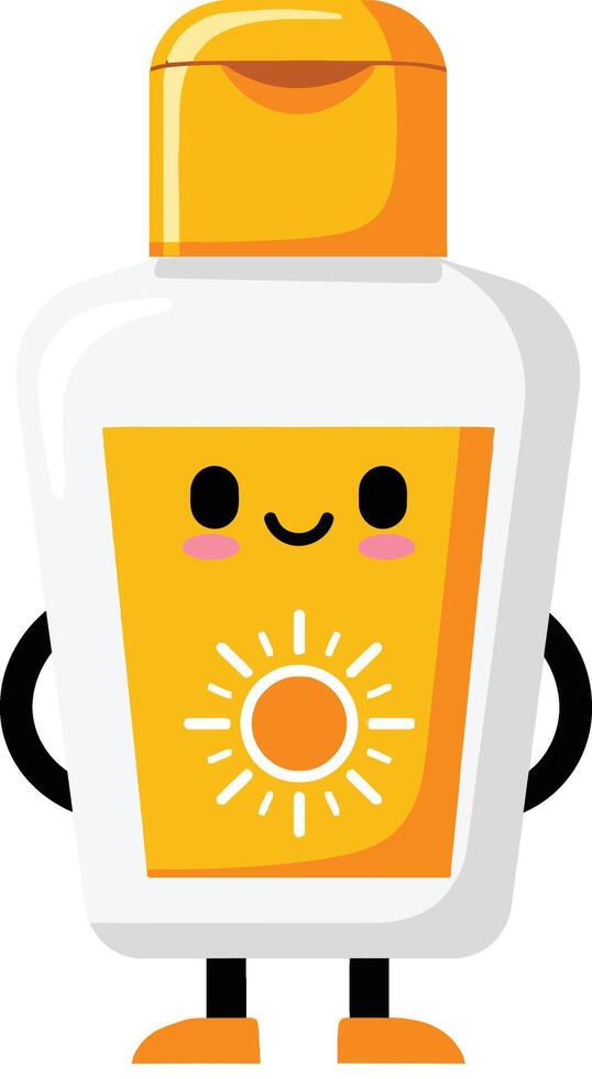 Cute sunscreen bottle with yellow cap and sun symbol happy character illustration vector