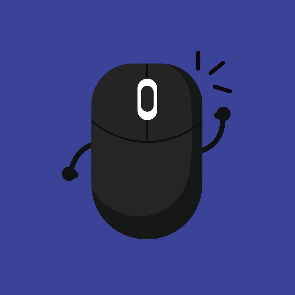 Black Computer Mouse Cartoon Character with Raised Arm on Blue Background Illustration vector