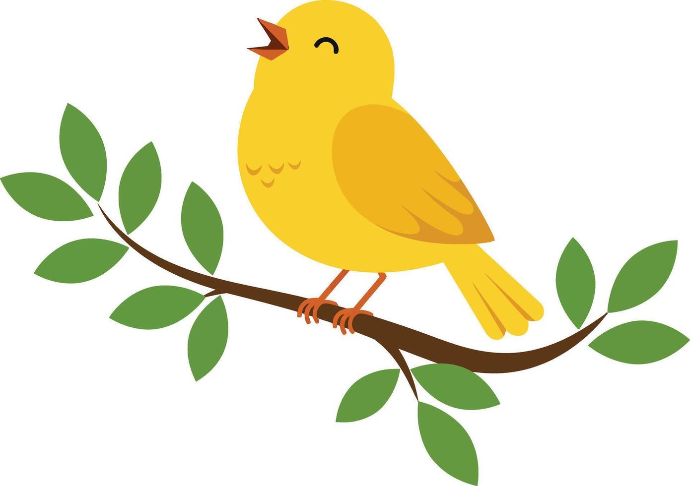 Yellow bird singing perched on green leafy branch illustration in simple flat style vector