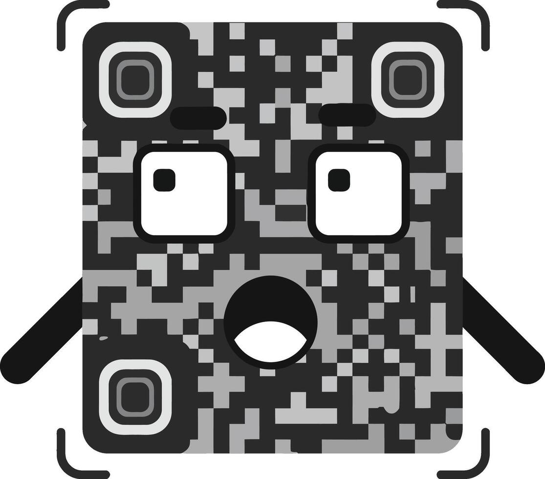 QR code with surprised face expression and scanning frame illustration in black and white style vector