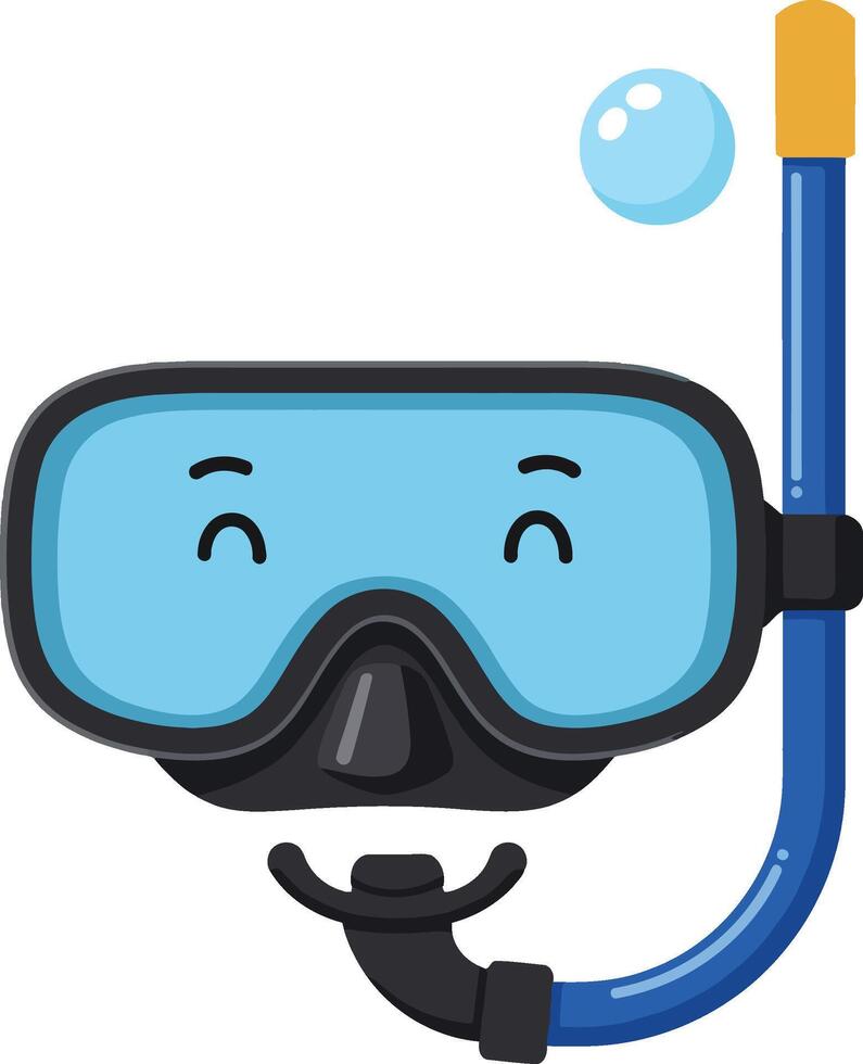 Snorkeling mask and tube diving gear blue and black illustration with happy face expression vector