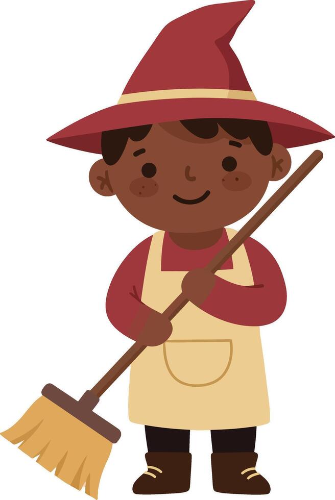 Child wearing witch costume holding broomstick in autumn themed illustration with red and beige costume colors vector
