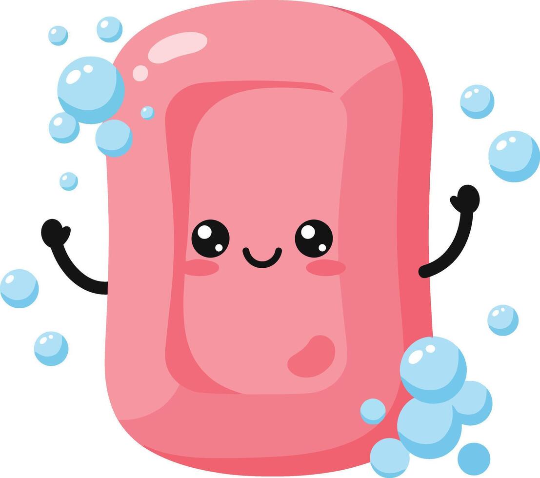 Cute pink soap bar cartoon character with bubbles and smiling face illustration for hygiene and cleanliness design vector