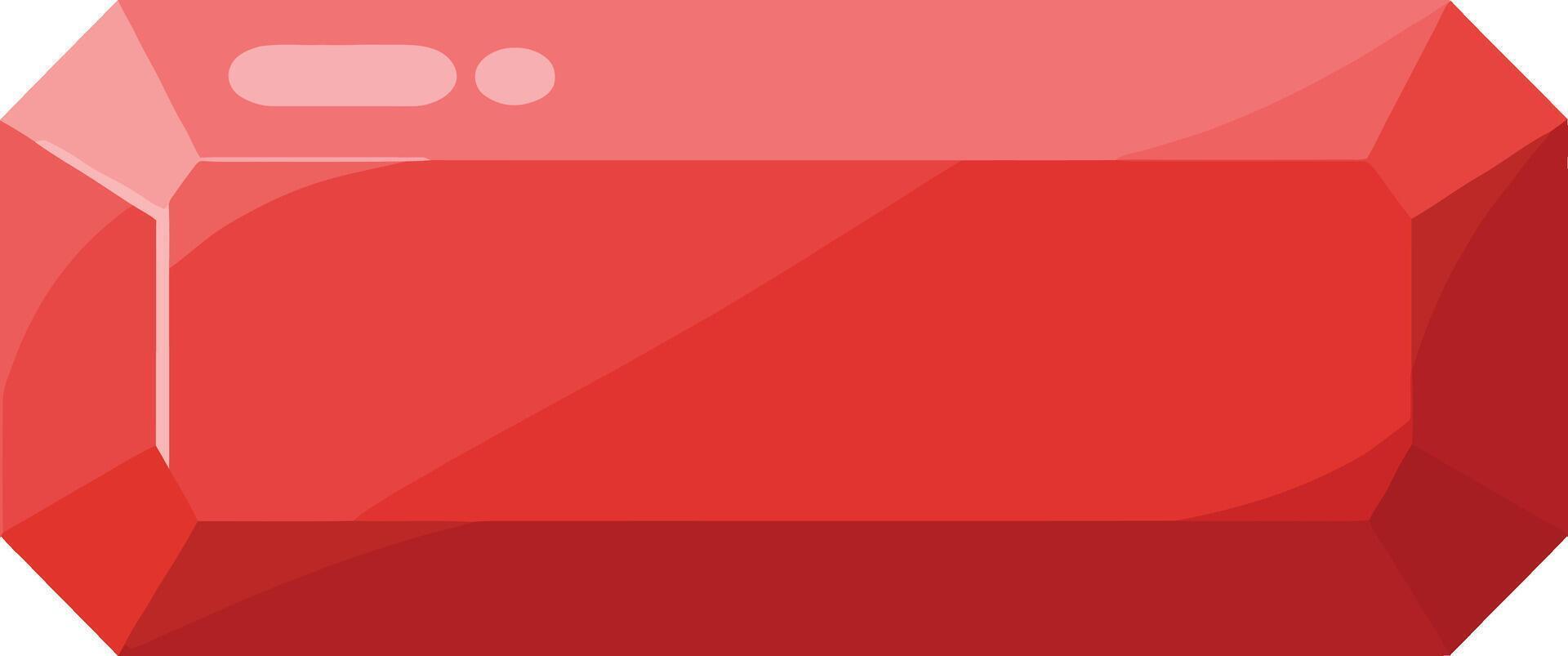Red gemstone rectangular crystal illustration with faceted edges and light reflections graphic vector