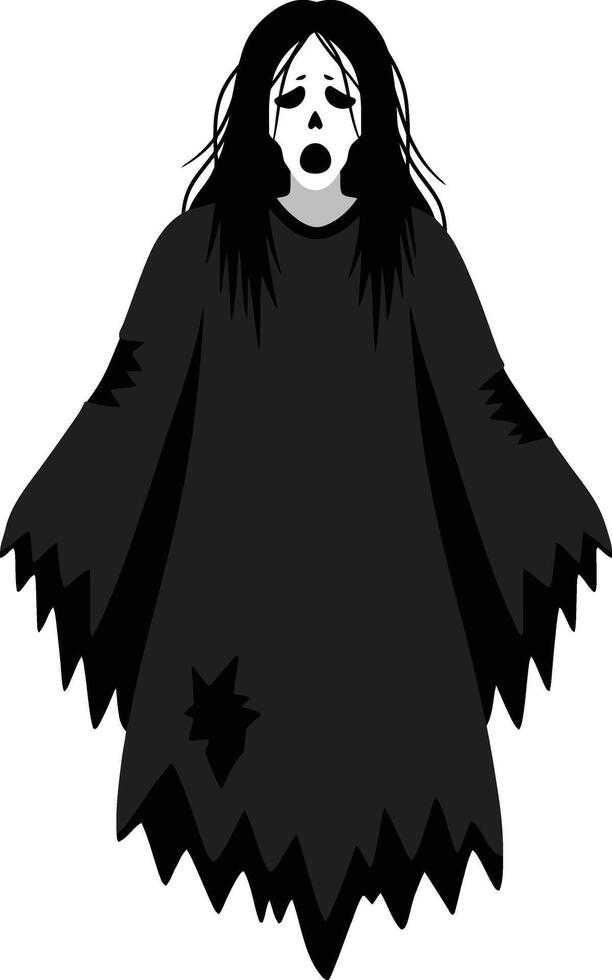 Ghost in black tattered cloak with haunting white mask and long black hair spooky illustration for Halloween or horror theme vector