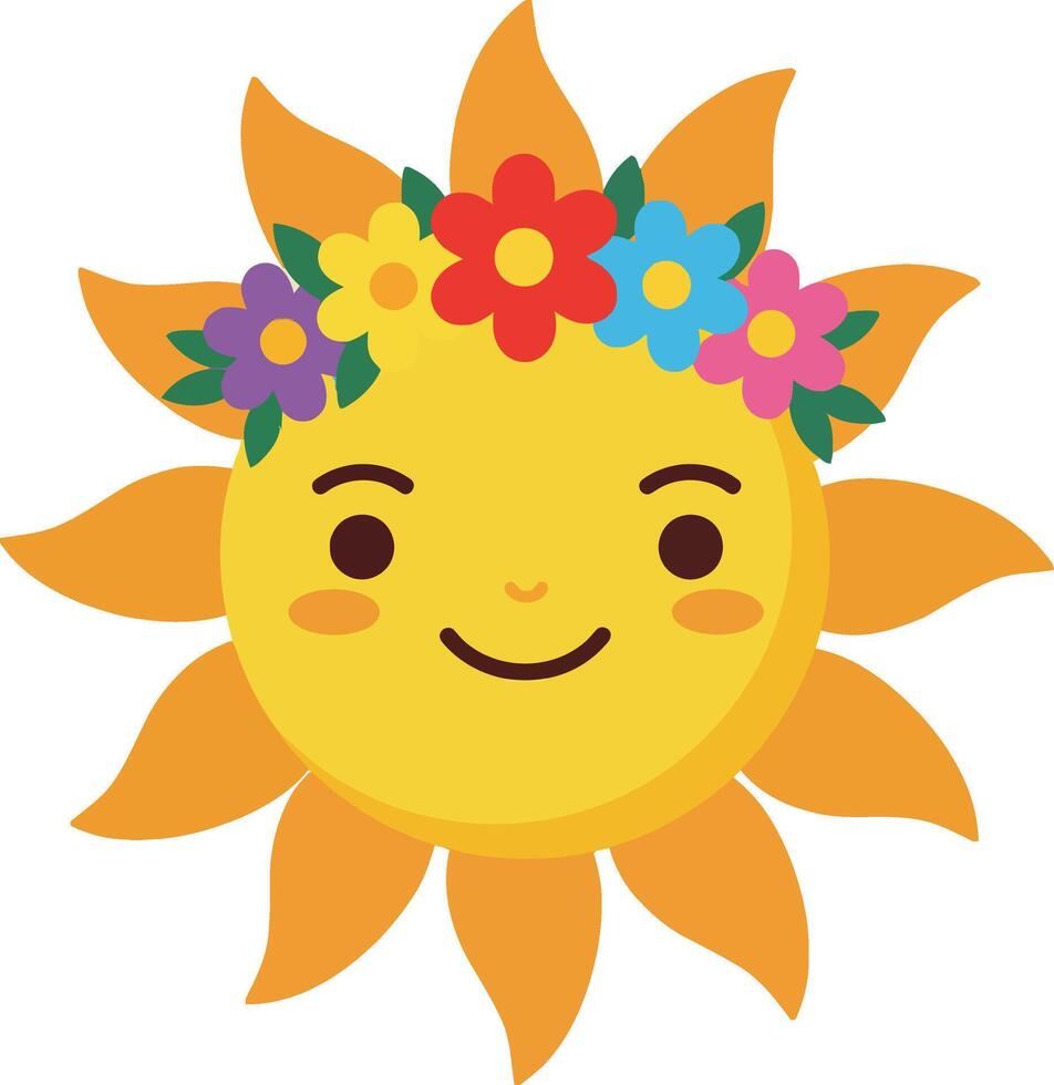 Smiling sun with colorful flower crown illustration design in cheerful style vector