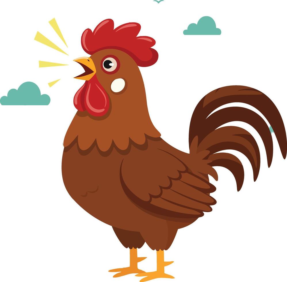 Rooster crowing early morning illustration with brown feathers and red comb natural farm animal design vector