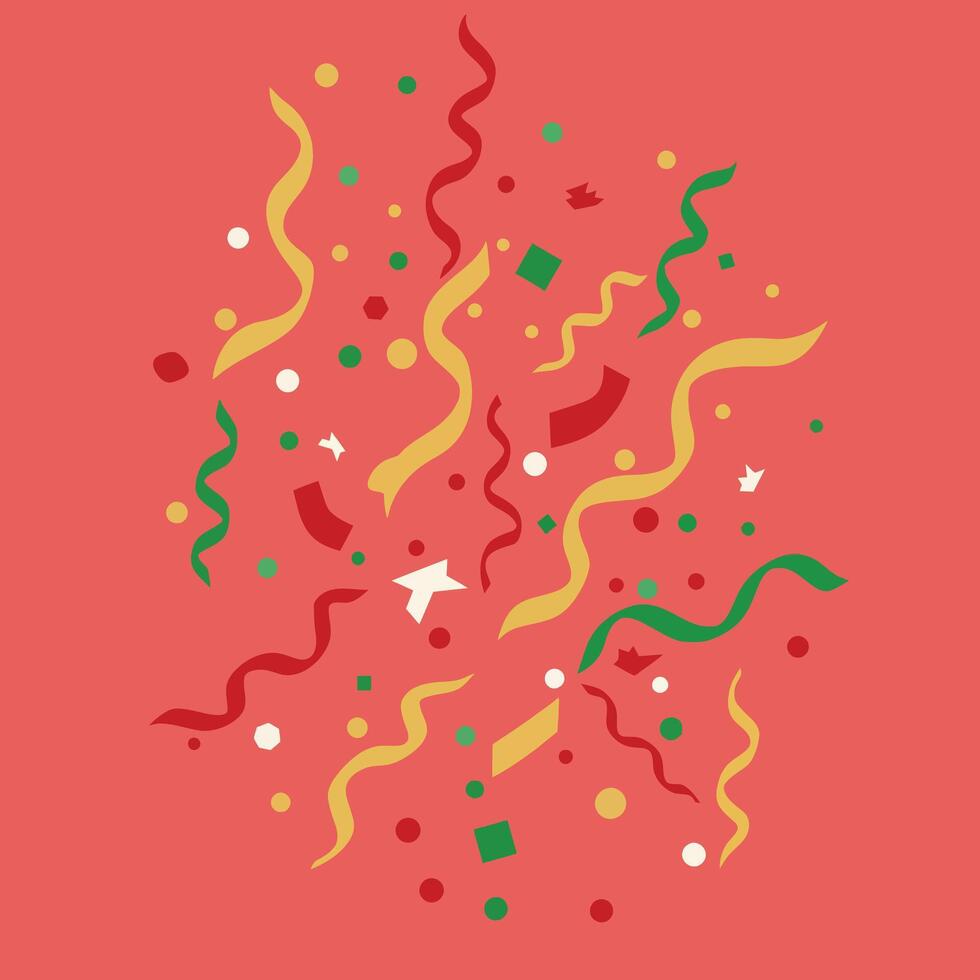 Confetti and Streamers Illustration with Red Green Yellow Colors on Coral Background for Celebration and Party Decor vector