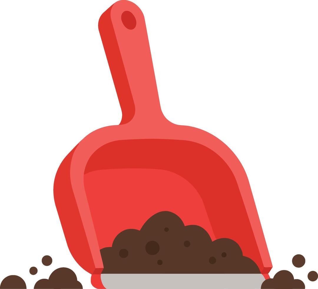 Red garden scoop shovel with soil dirt illustration for gardening tools and outdoor planting activities vector