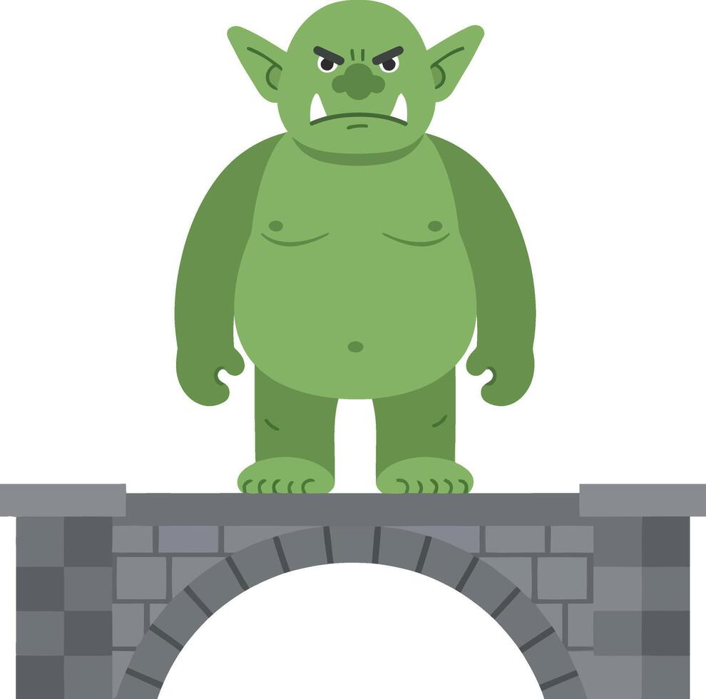 Green ogre standing on stone bridge fantasy character illustration in flat design style vector