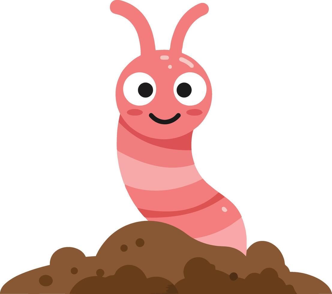Cartoon Earthworm Emerging from Soil Illustration with Pink Body and Happy Expression vector