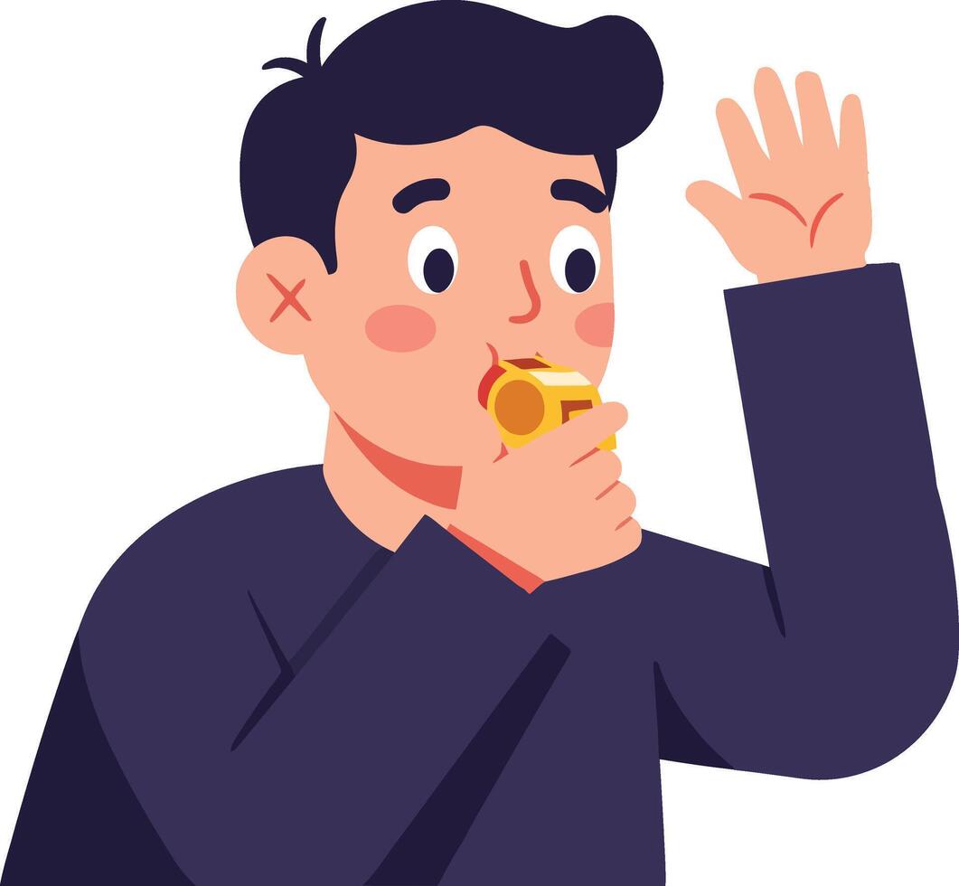 Man blowing whistle signaling or calling attention with raised hand in illustration vector