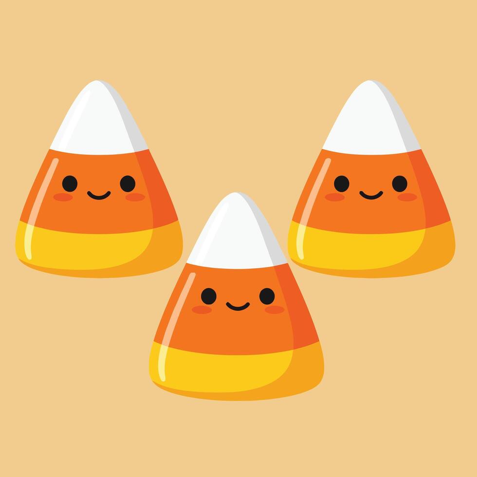 Candy corn cute cartoon illustration with happy faces in orange yellow and white colors vector