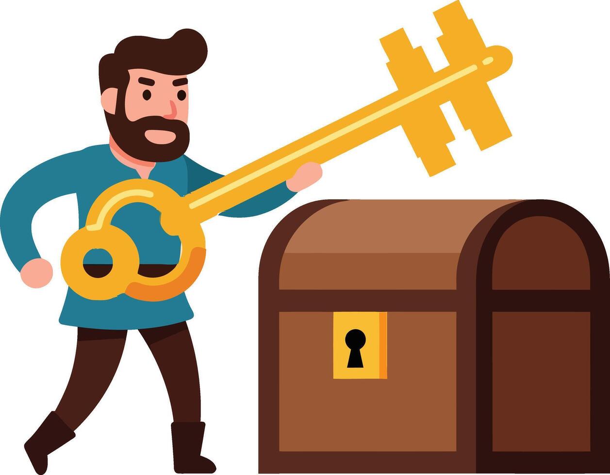 Man holding large golden key approaching locked treasure chest illustration vector