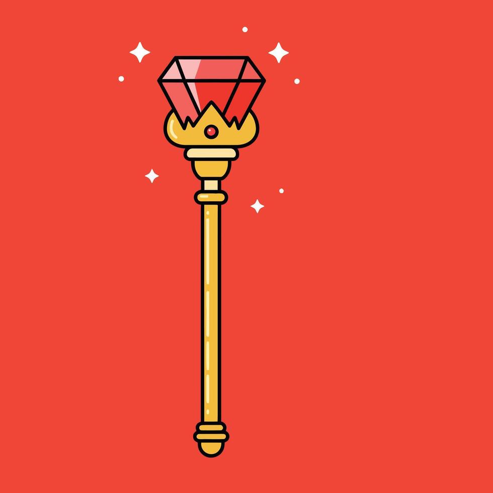 Magic wand with large sparkling red gemstone and golden handle illustration on red background for fantasy design vector