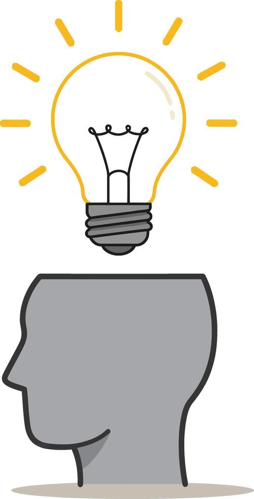 Human head with glowing light bulb symbolizing creative idea and innovation concept in minimal style illustration vector
