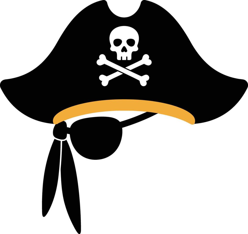 Pirate hat with skull and crossbones symbol and eyepatch illustration in black and orange colors for costume or theme design vector