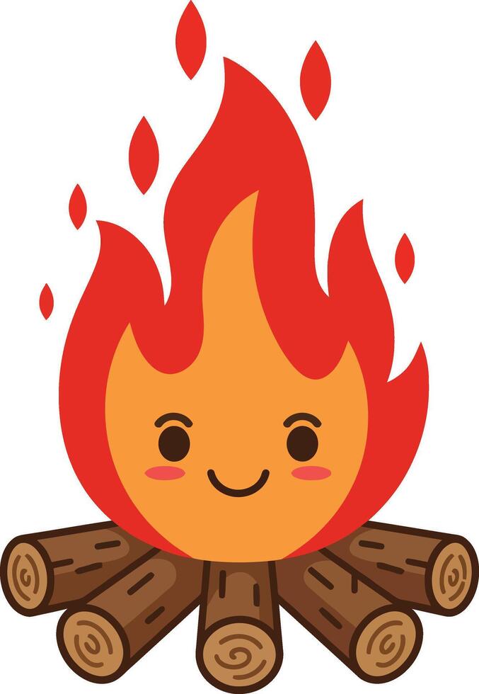 Cute campfire with smiling orange and red flame on brown logs illustration for camping and outdoor activities vector