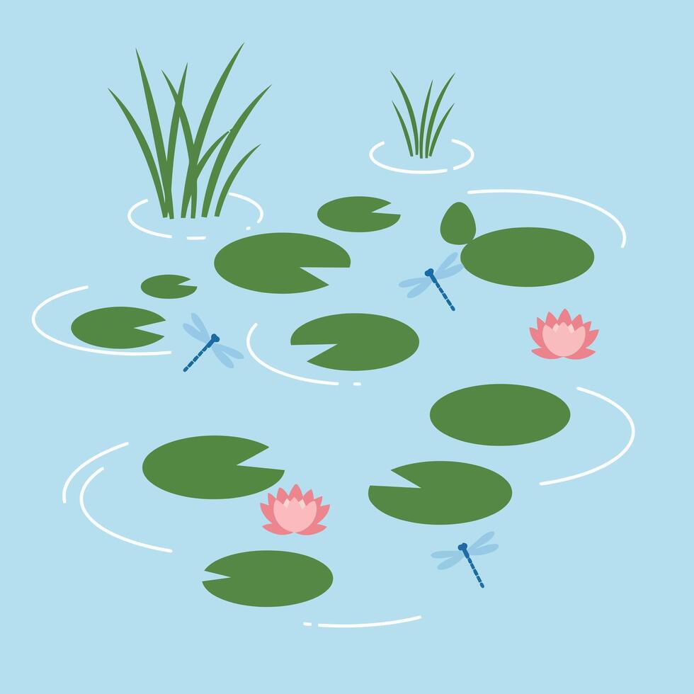 Water lilies on pond with dragonflies and green aquatic plants in calm blue water illustration vector