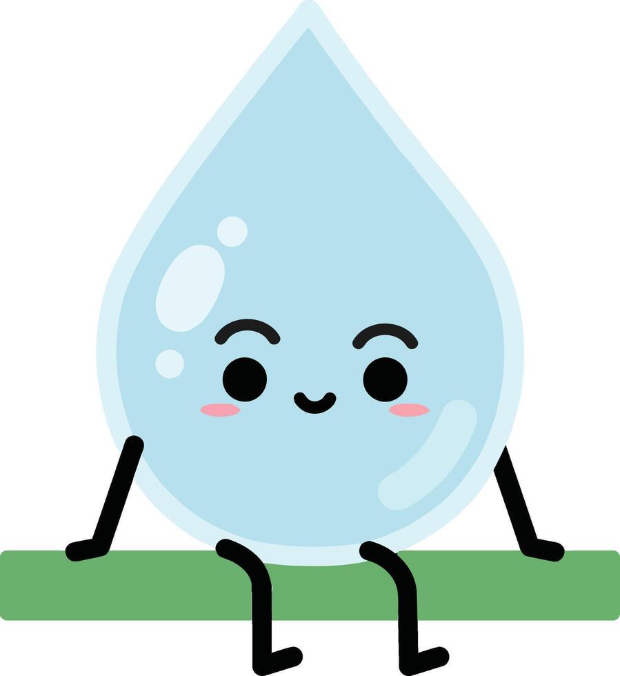 Cute smiling water droplet character sitting on green line illustration with blue colors vector