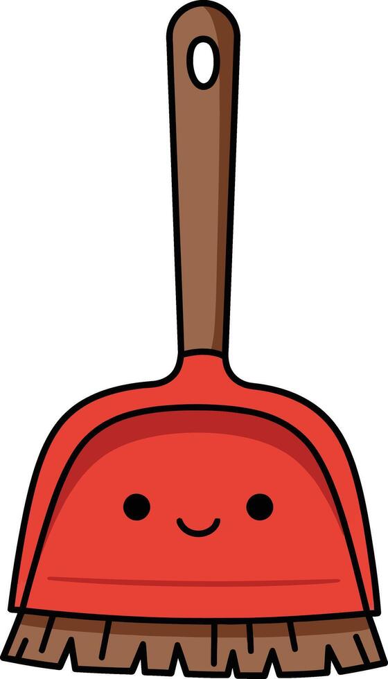 Cute red dustpan with brown brush and happy face illustration for cleaning tools design vector
