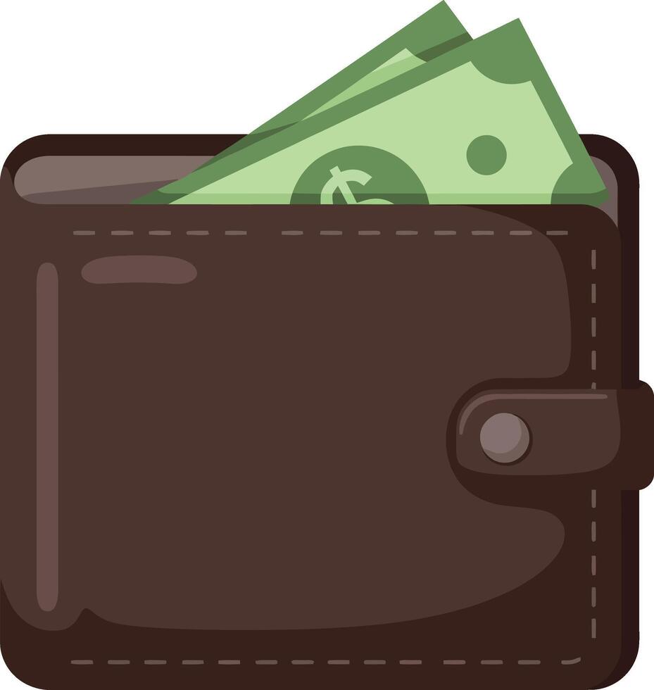 Brown leather wallet with green dollar bills icon for finance and money management illustration vector