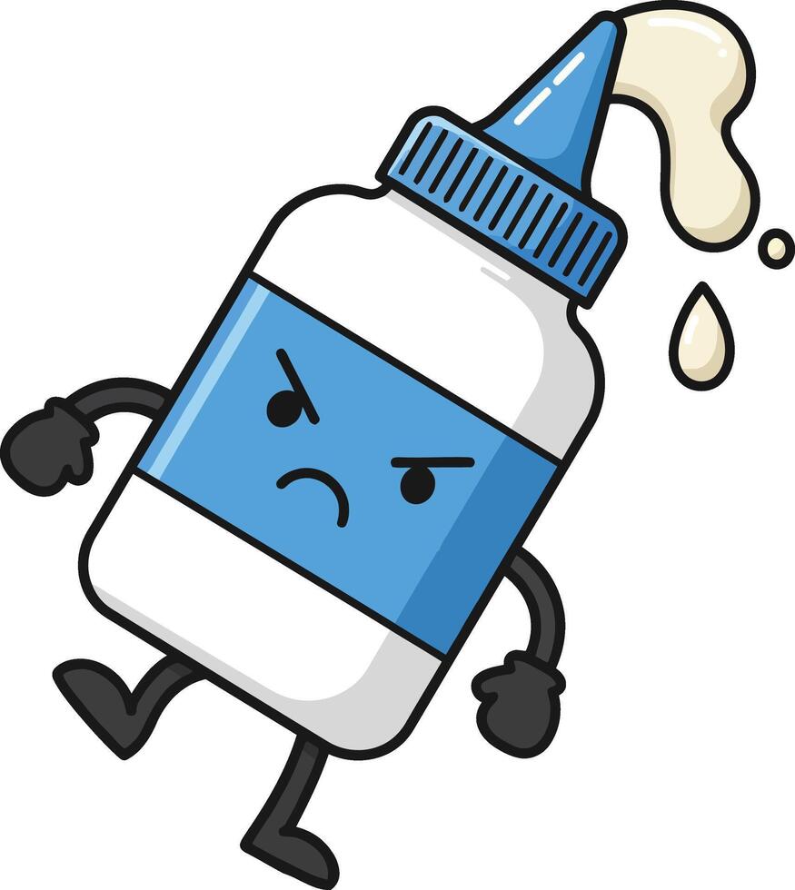 Cartoon angry glue bottle character with blue label and dripping white glue illustration vector
