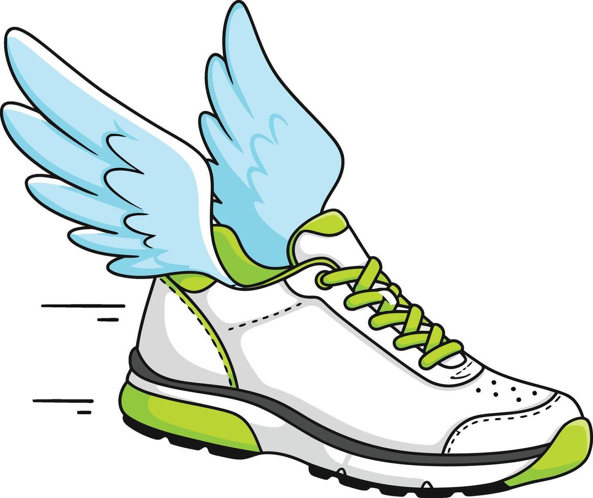 Running shoe with blue wings and green accents flying fast motion illustration vector