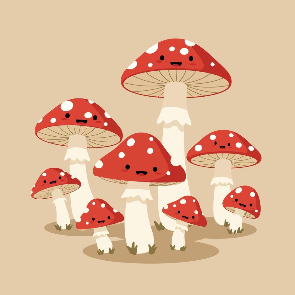 Red and white spotted mushrooms with cute faces illustration on beige background vector
