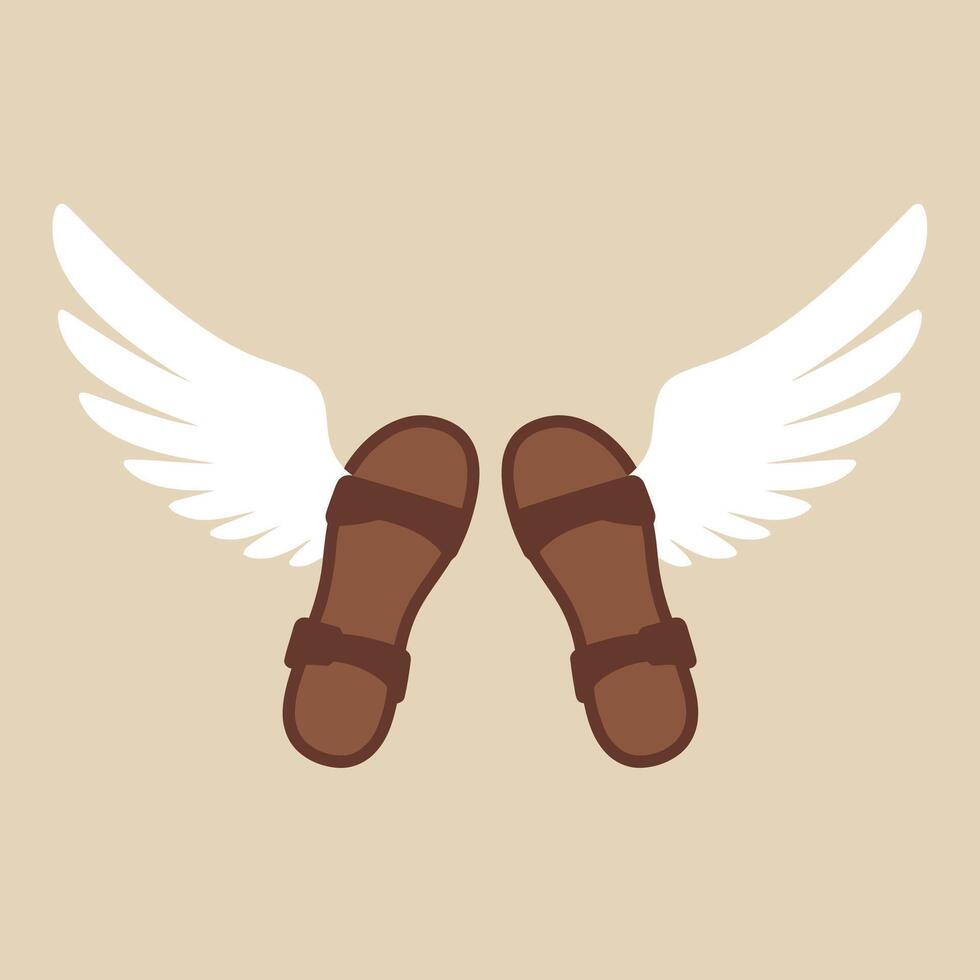 Brown sandals with white wings flying on beige background illustration for summer travel and leisure concepts vector