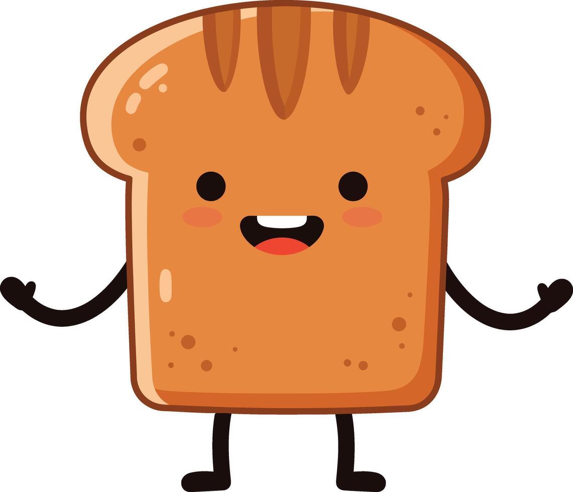Cute smiling cartoon bread slice with arms and legs illustration in happy expression vector