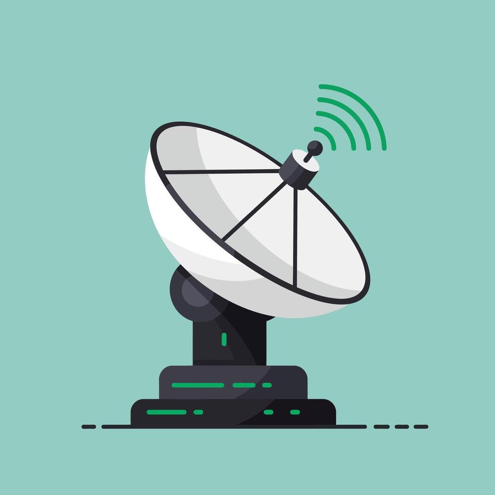 Satellite communication dish antenna sending wireless signals technology symbol illustration vector