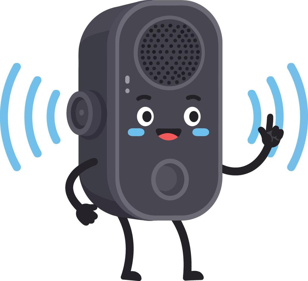 Cute black wireless speaker cartoon character with smiling face and sound waves illustration vector